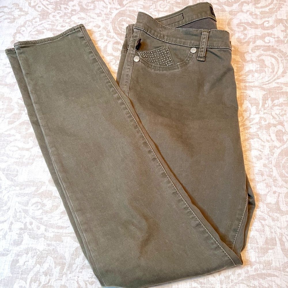 Rock & Republic Kashmiere olive green embellished mid rise skinny jeans Sz 8/10